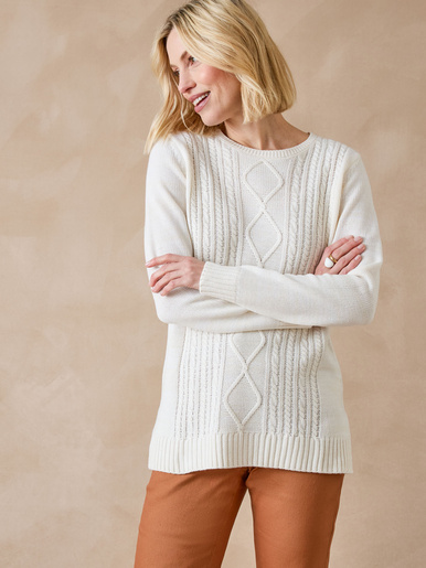 Pull torsadé encolure ronde - Daxon - Ecru uni