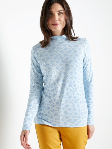Tee-shirt col montant maille courtelle - Charmance - Imprimé bleu
