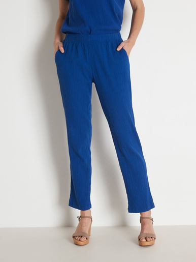 Pantalon en tissu créponné pur coton - Charmance - Bleu foncé