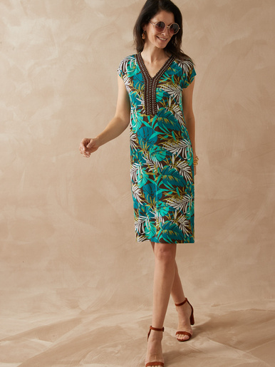 Robe en maille avec perles fantaisie - Daxon - Imprimé turquoise
