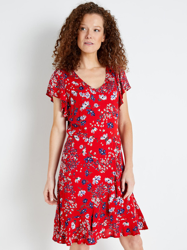 Robe à volants, manches courtes - Daxon - Imprimé rouge
