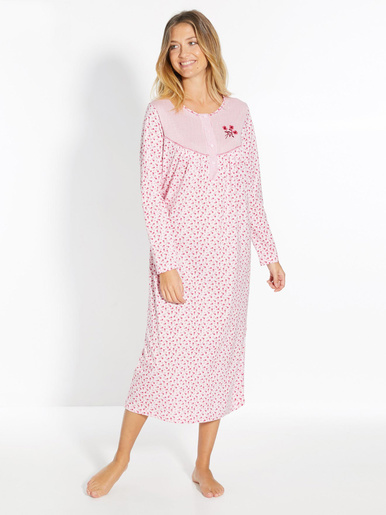 Lot 2 chemises de nuit manches longues - Daxon - Fond rose + fond blanc