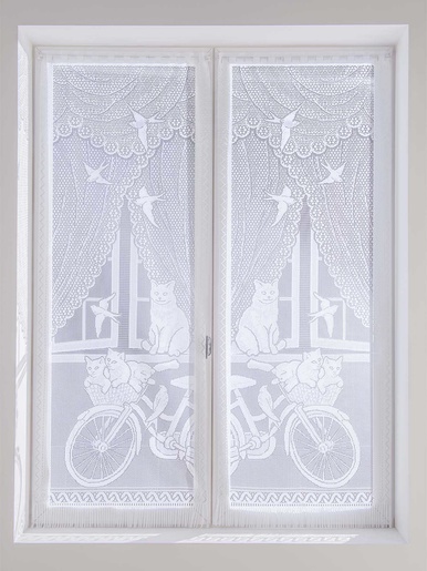 Paire de vitrages droits chatons et vélo - Carré d'azur - Blanc