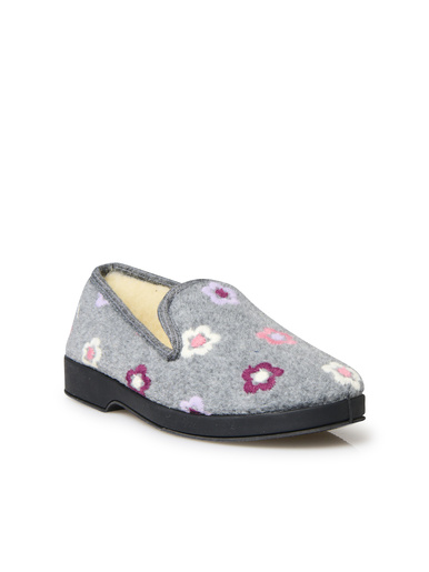 Charentaises entièrement fourrées laine - Pédiconfort - Gris broderie fleur
