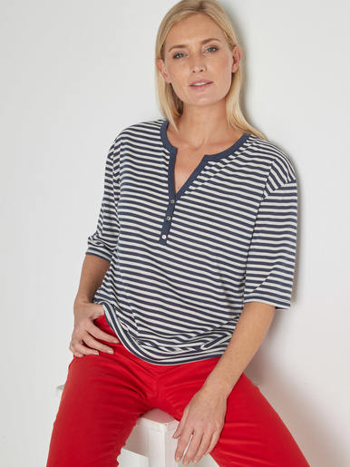 Tee-shirt marinière avec lin - Daxon - Blanc rayé bleu