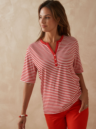 Tee-shirt marinière avec lin - Daxon - Blanc rayé rouge