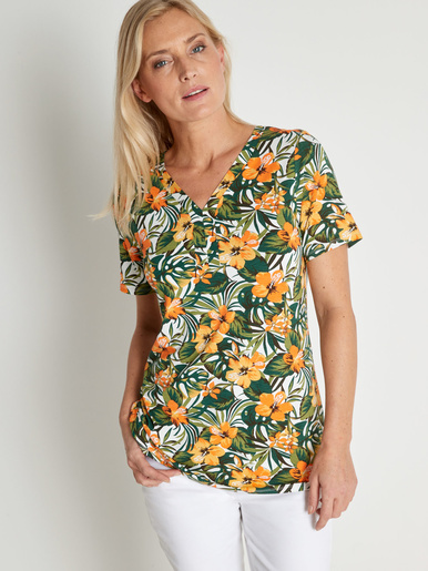 Tee-shirt en maille extensible - Daxon - Imprimé fond kaki
