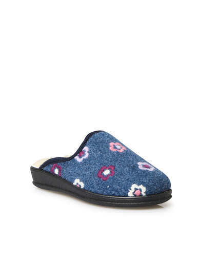 Mules entièrement fourrées laine - Pédiconfort - Bleu broderie fleur