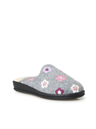Mules entièrement fourrées laine - Pédiconfort - Gris broderie fleur