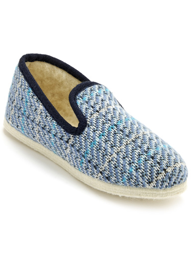 Pantoufles fourrées laine semelle feutre - Pédiconfort - Bleu carreaux