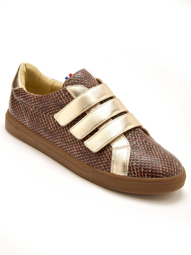 Baskets cuir à scratchs - Pédiconfort - Marron/doré