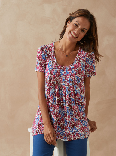 Tunique en maille avec plis d'aisance - Daxon - Imprimé ikat rose et bleu