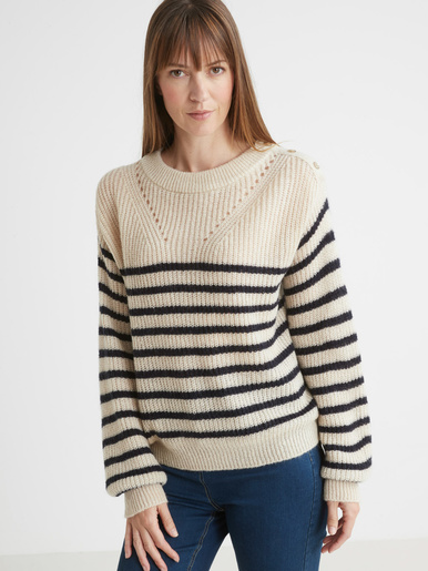 Pull marinière en côtes perlées - Daxon - Ecru rayé marine