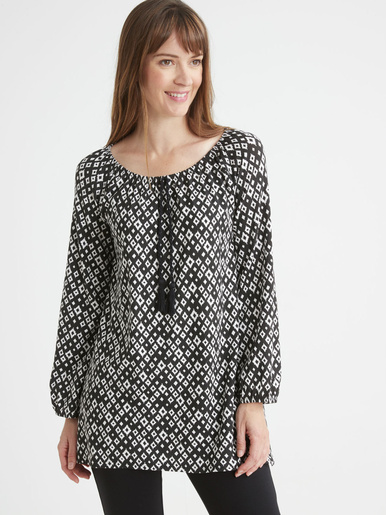 Tee-shirt tunique - Daxon - Imprimé géométrique noir/blanc