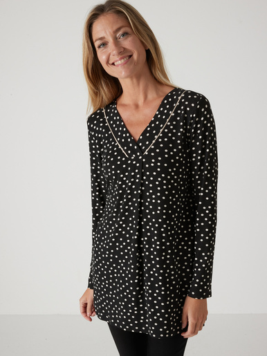 Tee-shirt tunique manches longues - Daxon - Imprimé noir à pois écru