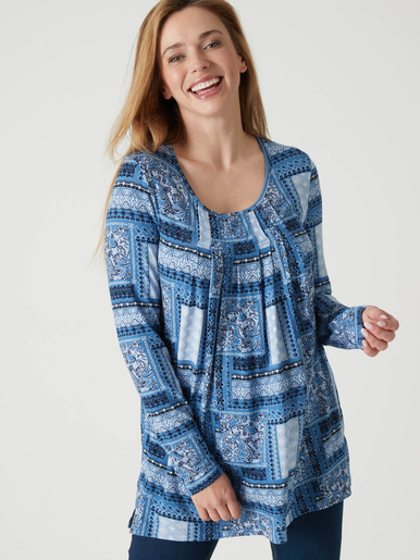 Tee-shirt tunique manches longues - Daxon - Imprimé patchwork bleu