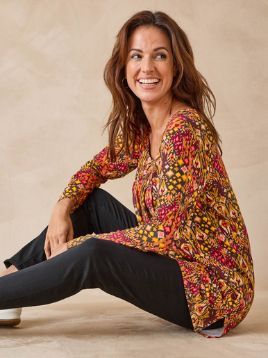 Tee-shirt tunique manches longues - Daxon - Ikat marron et bordeaux