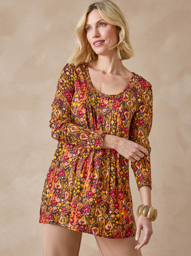 Tee-shirt tunique manches longues - Daxon - Ikat marron et bordeaux