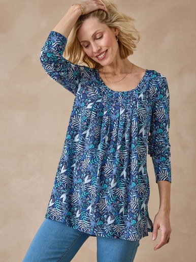 Tee-shirt tunique manches longues - Daxon - Imprimé fleuri bleu