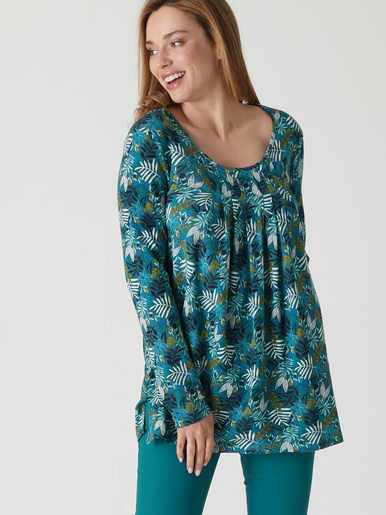 Tee-shirt tunique manches longues - Daxon - Imprimé fleuri bleu canard