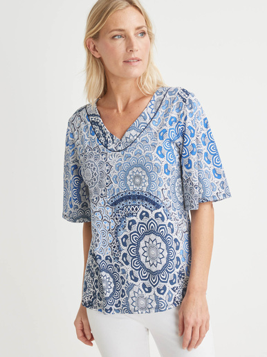 Tunique manches pagode 3/4 - Daxon - Imprimé bleu