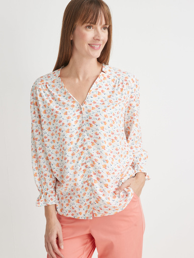 Blouse encolure V fantaisie - Daxon - Imprimé fond blanc