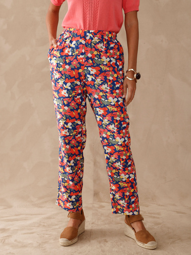Pantalon fluide entièrement élastiqué - Daxon - Imp. fleurs bleu marine