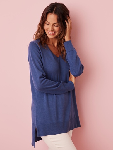 Pull tunique maille fine col V - Daxon - Bleu