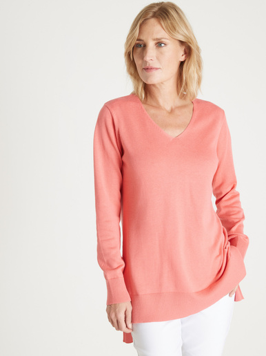 Pull tunique maille fine col V - Daxon - Corail