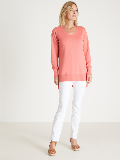 Pull tunique maille fine col V - Daxon - Corail