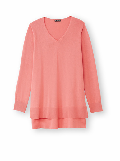 Pull tunique maille fine col V - Daxon - Corail