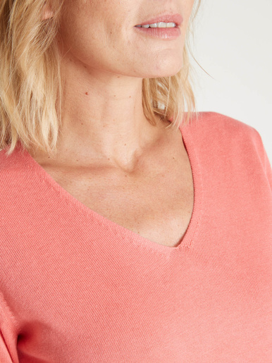 Pull tunique maille fine col V - Daxon - Corail