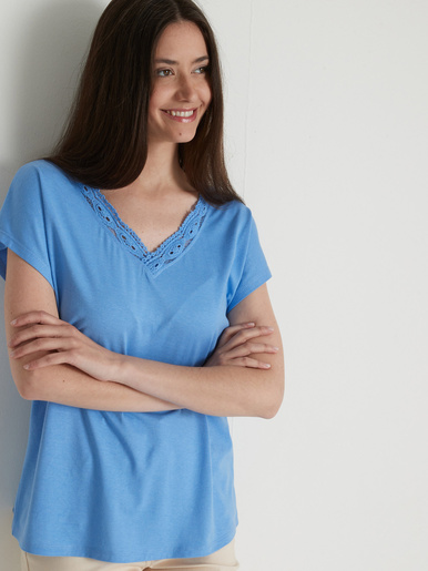 Tee-shirt encolure V avec macramé - Daxon - Bleu