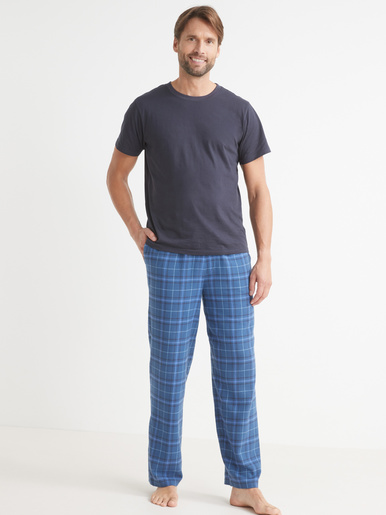 Pyjama jersey et flanelle pur coton - Daxon - Uni bleu et carreaux bleu