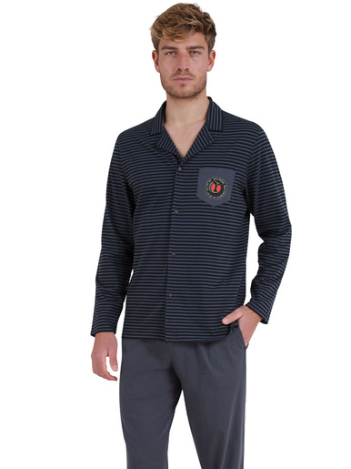 Pyjama long ouvert homme - Athéna - Rayures noire/grise-anthracite