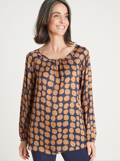 Blouse ample voile satiné - Daxon - Imprimé pois fond bleu