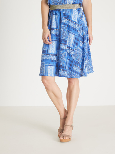 Jupe courte entièrement élastiquée - Daxon - Imprimé patchwork bleu