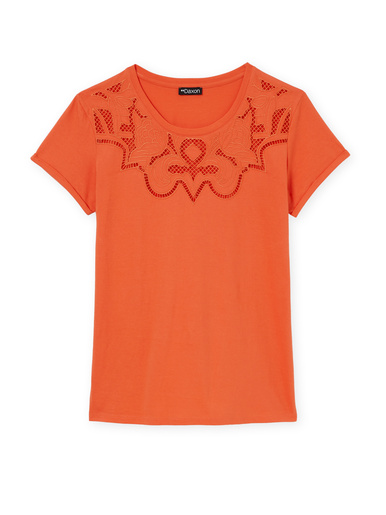 Tee-shirt coton à broderies ajourées
