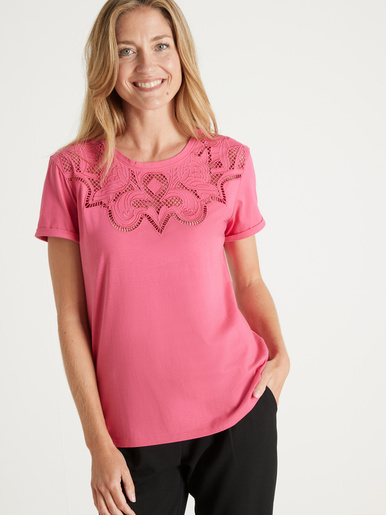 Tee-shirt coton à broderies ajourées - Daxon - Fuchsia