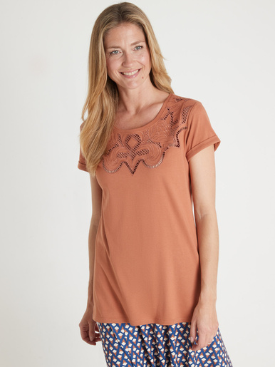Tee-shirt coton à broderies ajourées - Daxon - Noisette