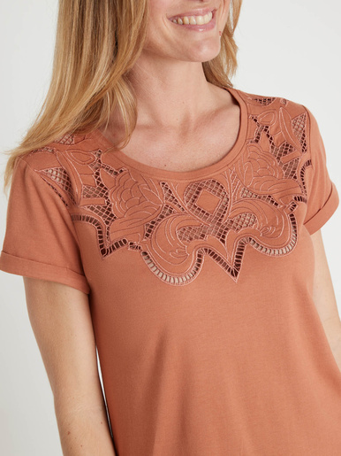Tee-shirt coton à broderies ajourées