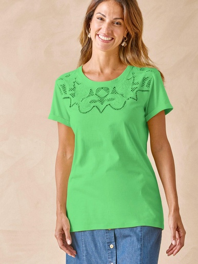 Tee-shirt coton à broderies ajourées - Daxon - Vert vif