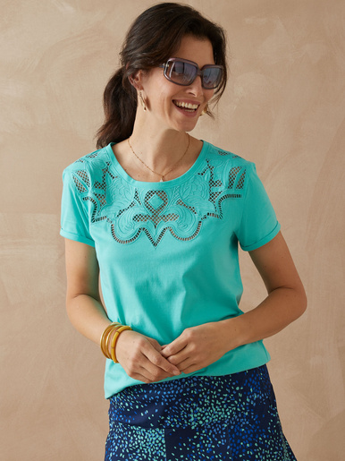 Tee-shirt coton à broderies ajourées