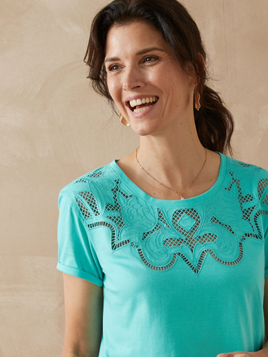 Tee-shirt coton à broderies ajourées