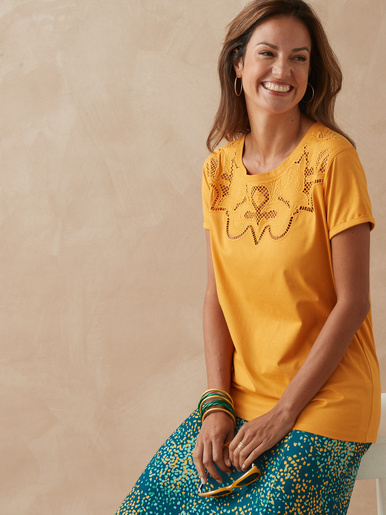Tee-shirt coton à broderies ajourées