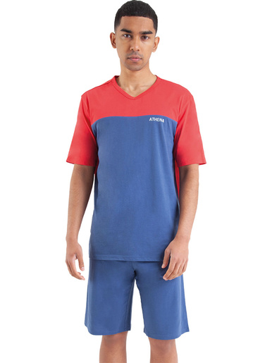 Pyjashort col V Eco Pack - Athéna - Rouge-bleu jean