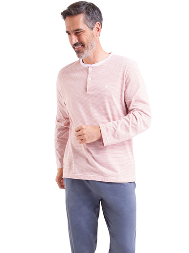 Pyjama col T en coton bio - Eminence - Rayé rose-gris