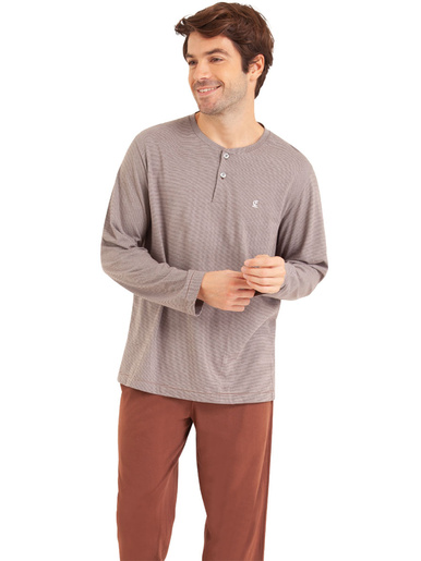 Pyjama col T en coton bio - Eminence - Marron-rayé marron
