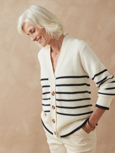 Gilet rayé manches longues - Daxon - Ecru rayé marine