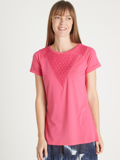 Tee-shirt brodé col rond - Daxon - Fuchsia